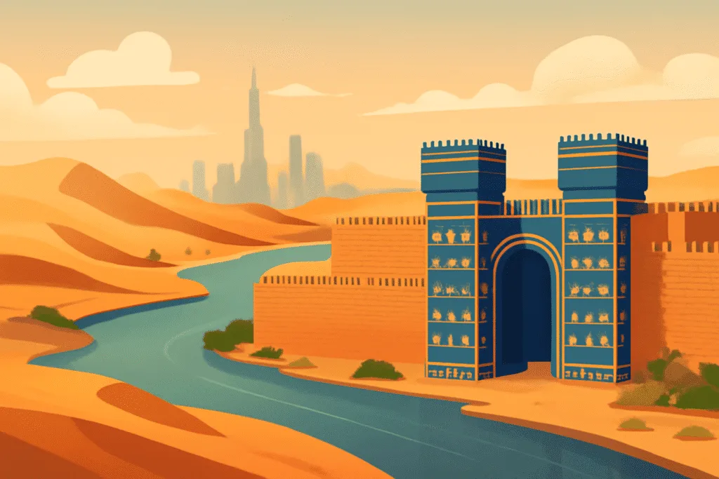Paisaje icónico de Irak con Babilonia, el río Tigris y el desierto como fondo.