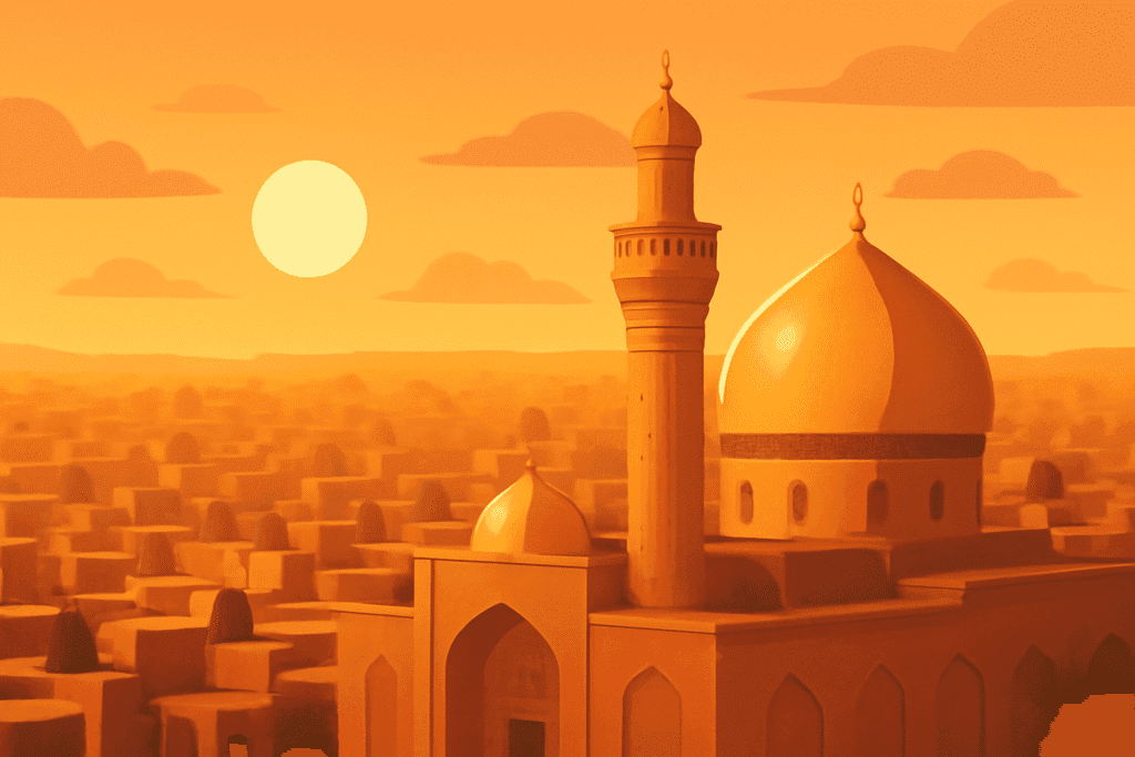 Santuario del Imán Alí en Najaf con su cúpula dorada y el cementerio Wadi Al-Salam.