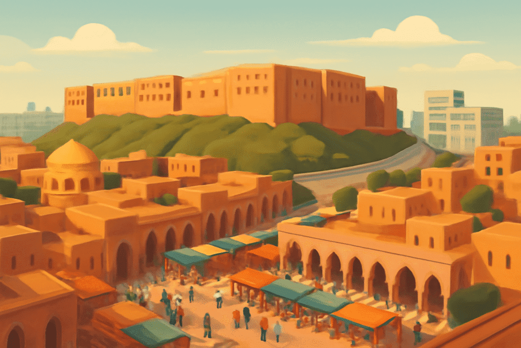 Vista aérea de la ciudadela de Erbil con bazar y fortaleza en el centro.