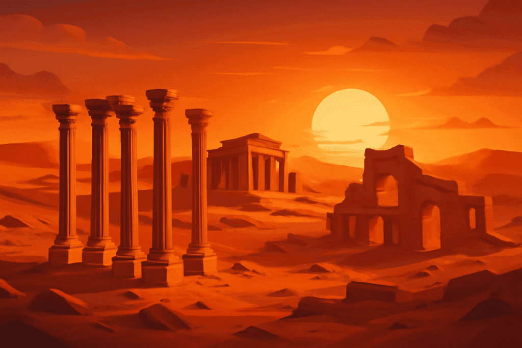 Ruinas de Hatra en el desierto al atardecer, con columnas y templos antiguos.