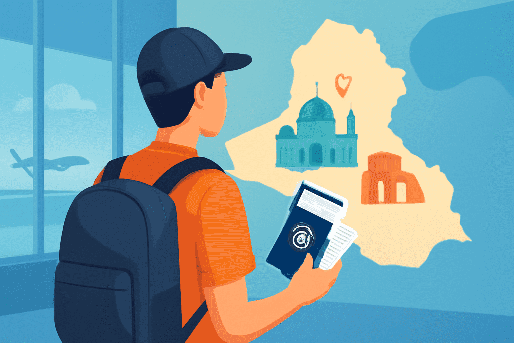 Viajero con pasaporte y documentos de visado frente a un mapa de Irak con símbolos históricos.