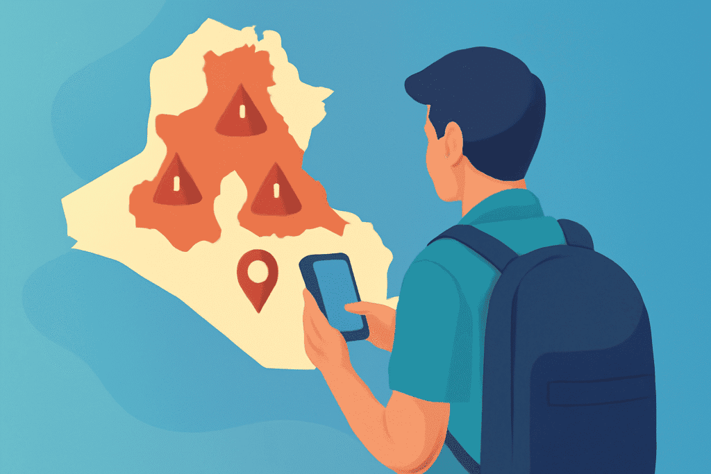 Mapa de Irak con zonas de seguridad y riesgo, viajero consultando dispositivo móvil.