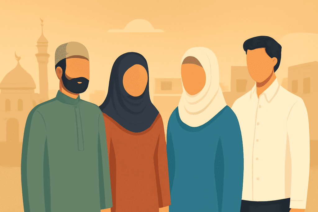 Viajeros con vestimenta modesta respetando el código cultural de Irak.