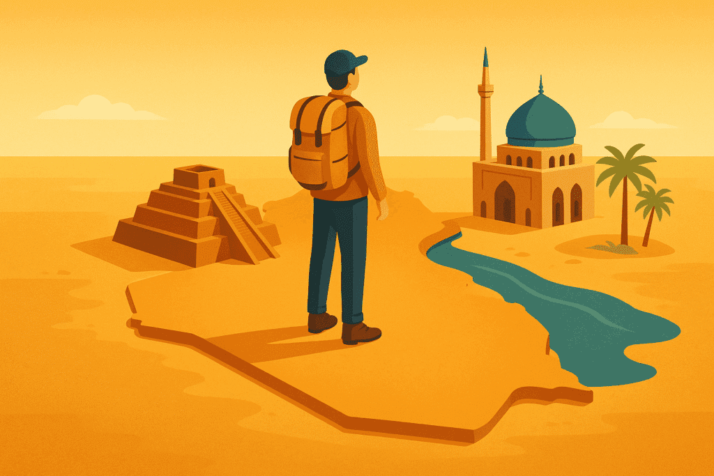 Viajero explorando Irak sobre mapa isométrico con símbolos culturales y paisajes.