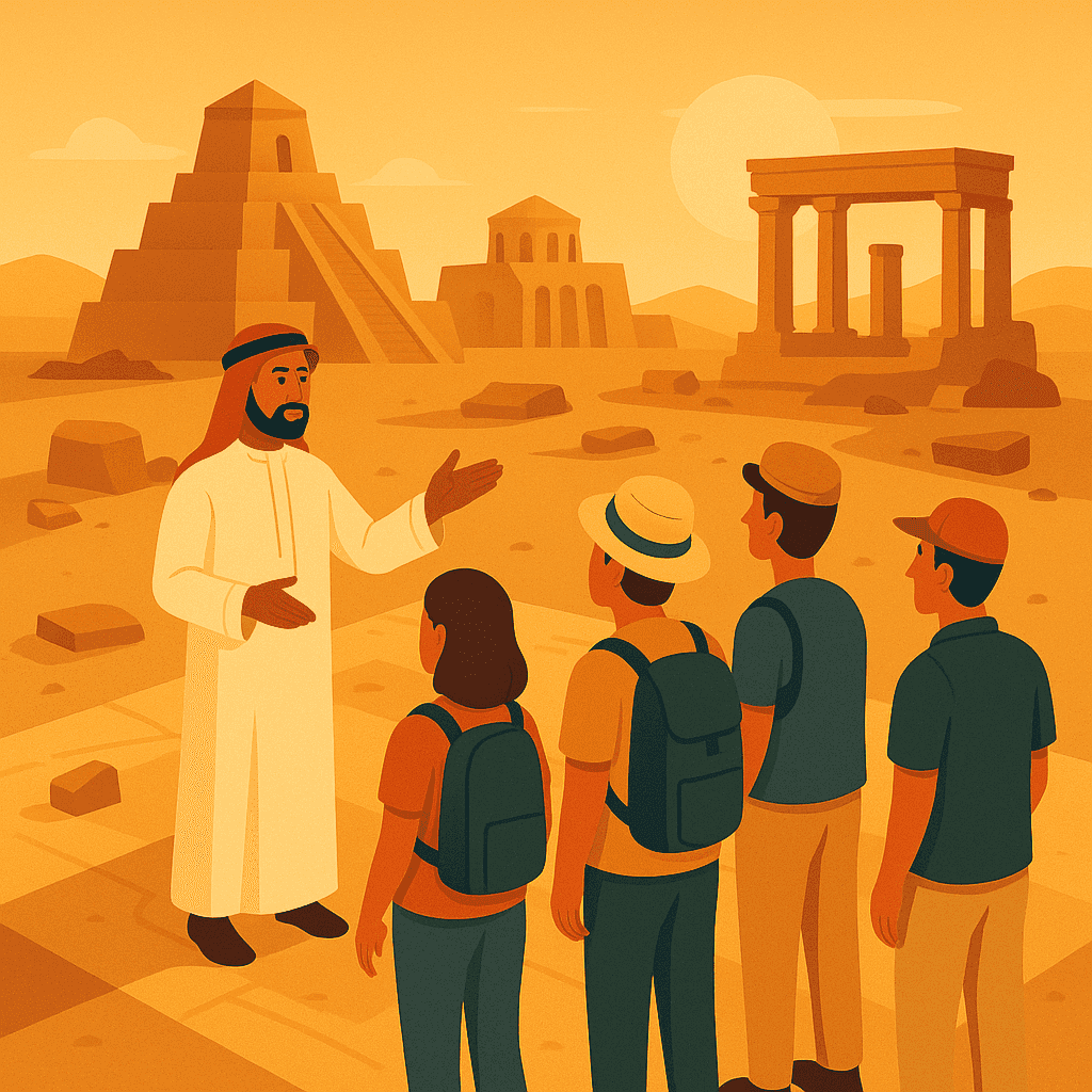 Guía local mostrando ruinas mesopotámicas a grupo de viajeros.