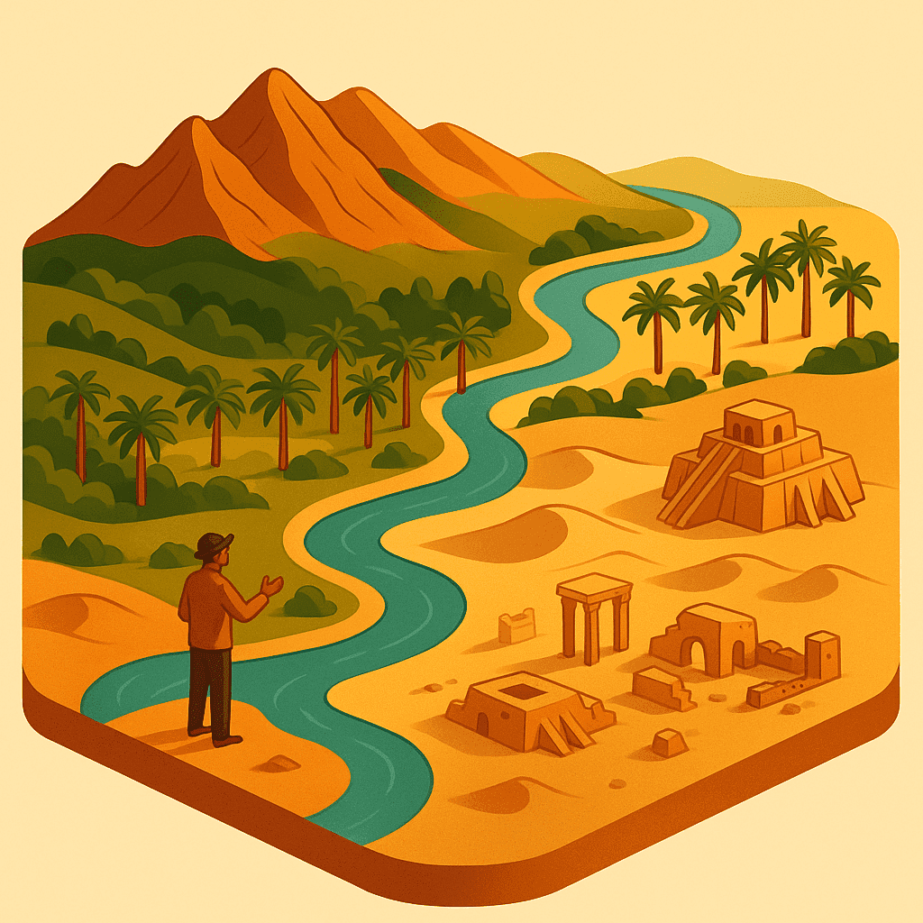 Paisaje isométrico de Irak con montañas, ríos y ruinas antiguas.